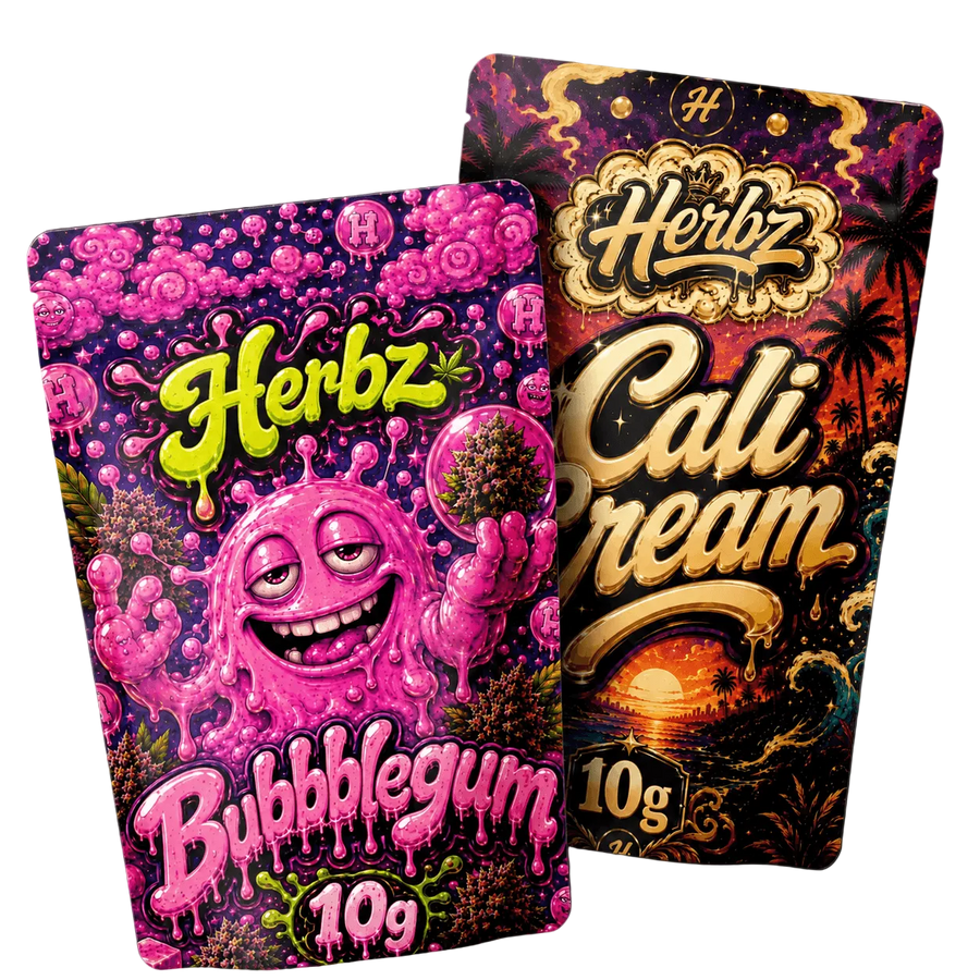 Bubblegum og Cali Cream 20g THCA bundle med topskud og static hash på sort baggrund