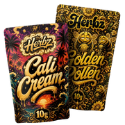 Pack de 20 g de Cali Cream y Golden Pollen THCA con dos variedades de hachís sobre fondo negro