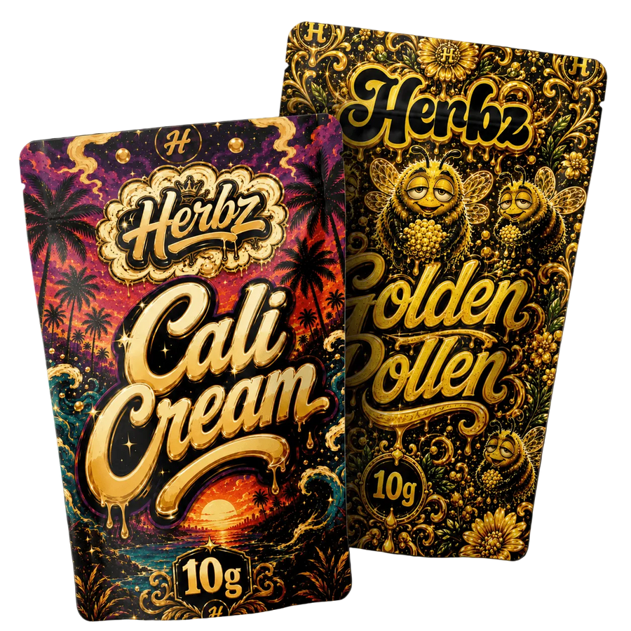 Pack de 20 g de Cali Cream y Golden Pollen THCA con dos variedades de hachís sobre fondo negro