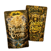 Pack de 20 g de Golden Pollen y Manali Cream THCA con dos variedades de hachís sobre fondo negro