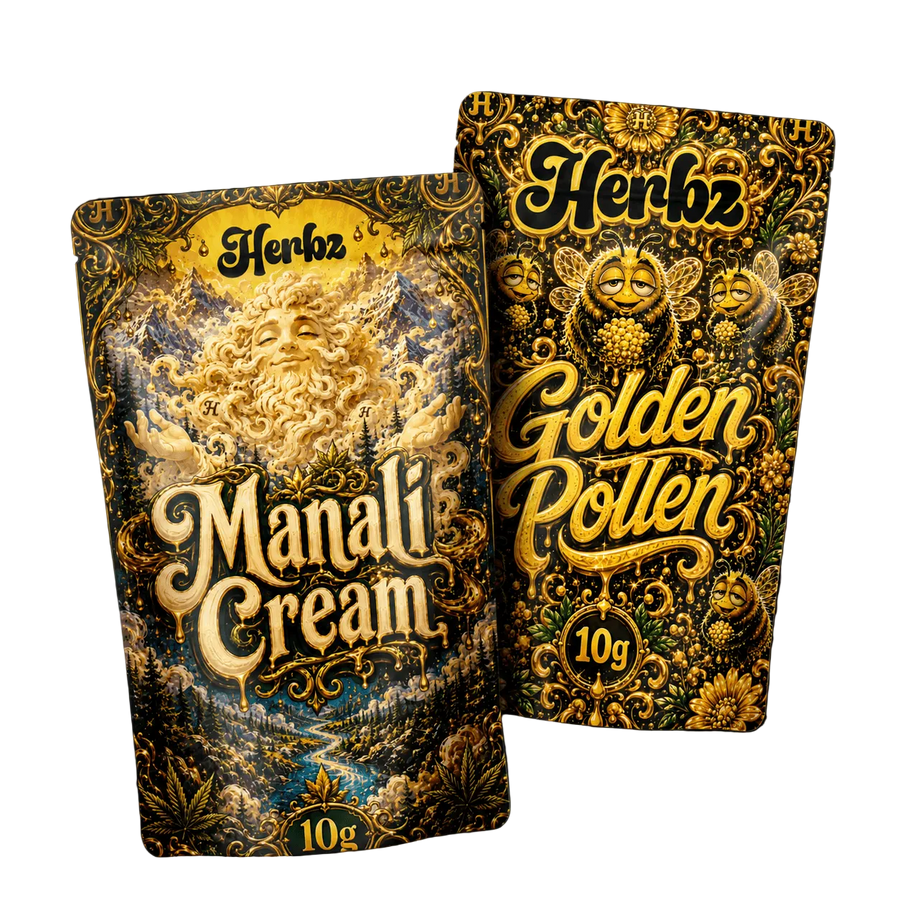 Pack de 20 g de Golden Pollen y Manali Cream THCA con dos variedades de hachís sobre fondo negro