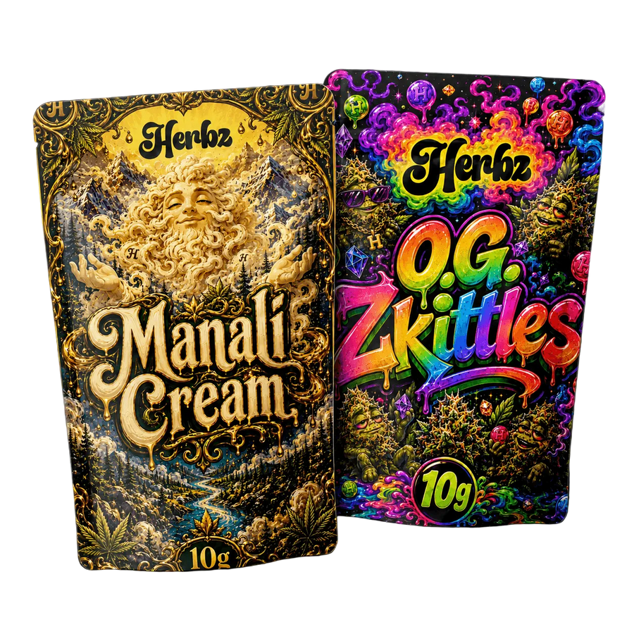 Pack de 20 g de Manali Cream y O.G. Zkittles THCA con hachís static y cogollos sobre fondo negro
