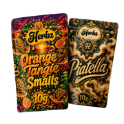 Orange Tangie Smalls og Piatella 20g THCA bundle med popcorn buds og ice water hash på sort baggrund