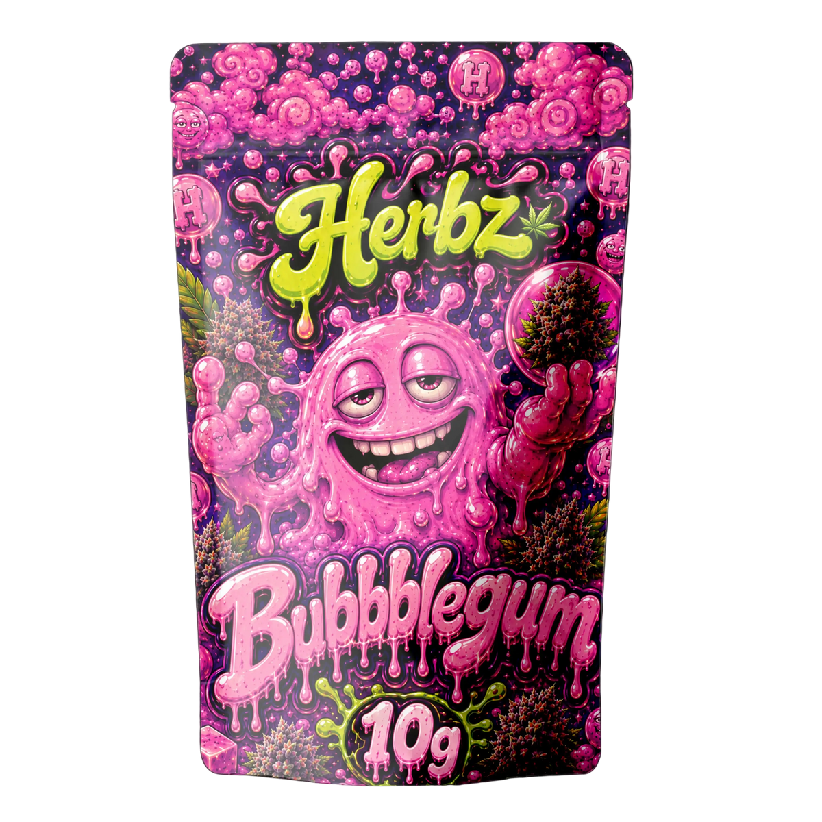 Bubblegum 25% THCA indoor flower med kraftigt frostet trichomlag på sort baggrund