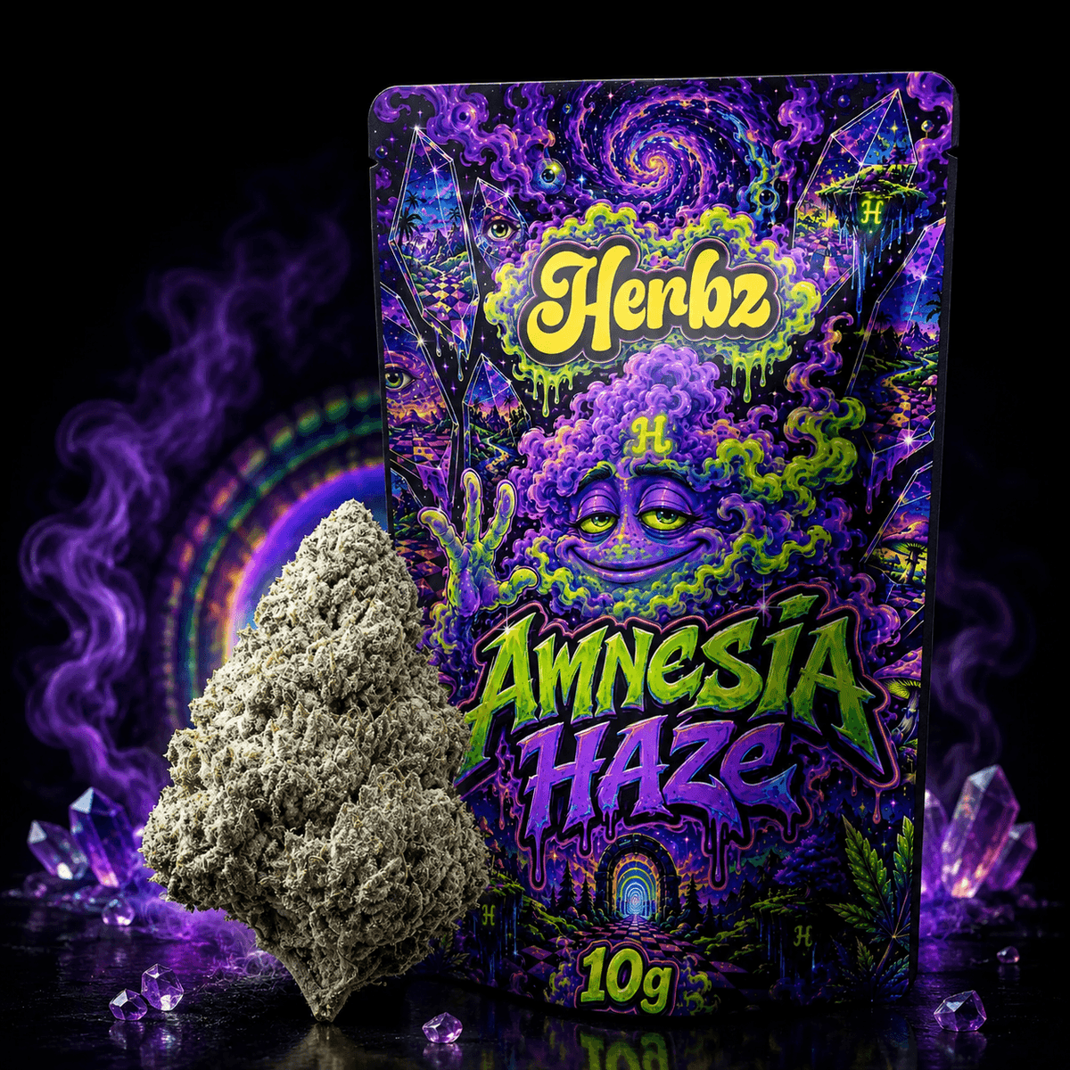 Närbild av Amnesia Haze 23% THCA med gröna nyanser och orange pistiller