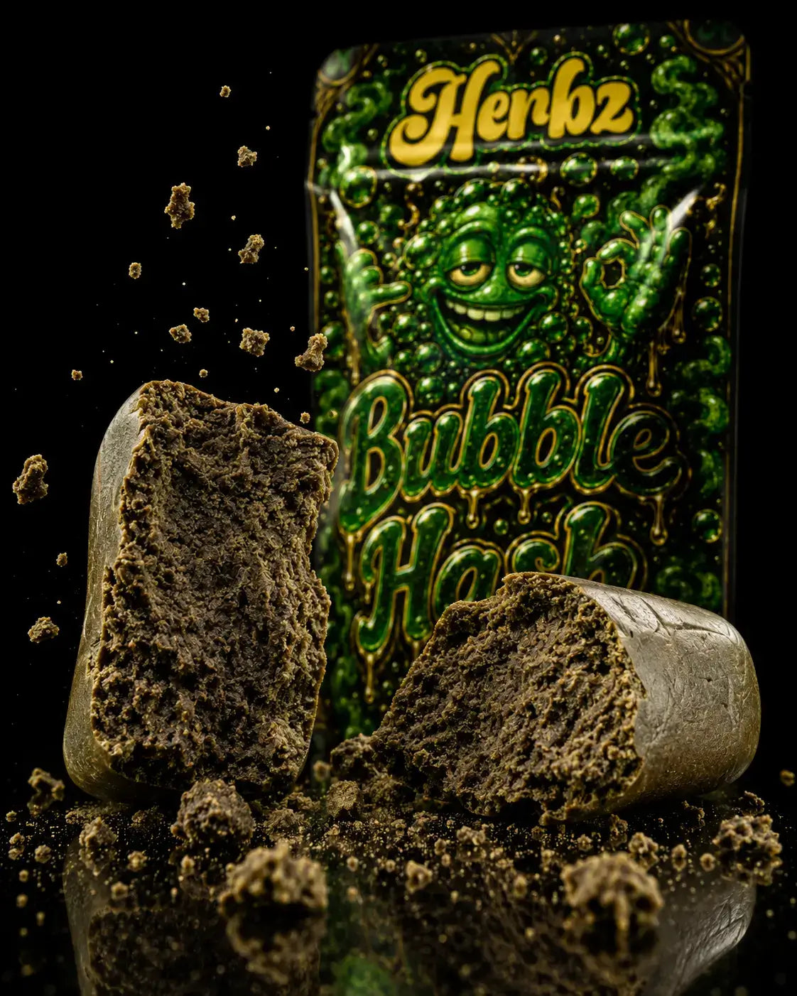 Nærbillede af Bubble Hash 50% THCA med kompakt hashstruktur