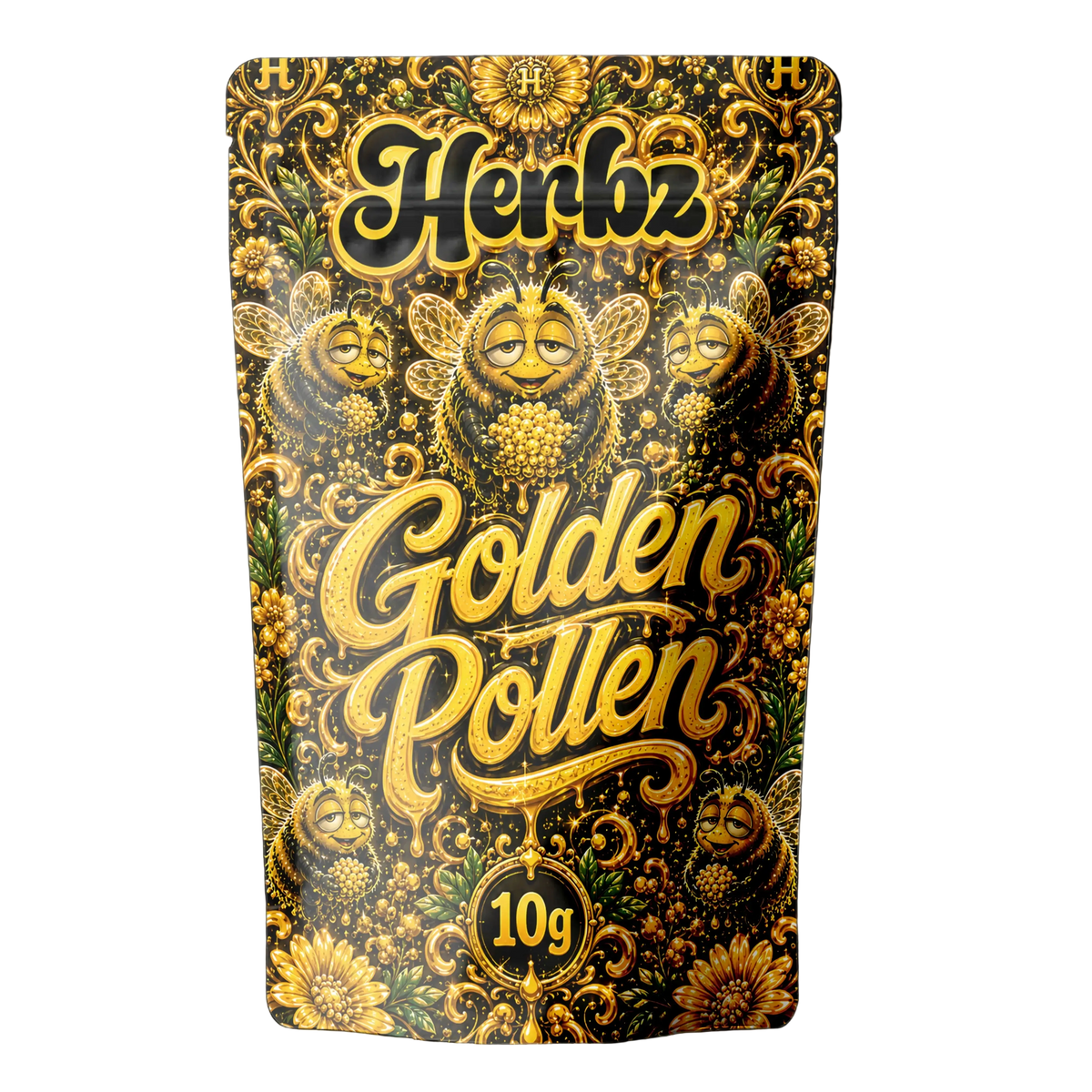 Golden Pollen 30% THCA dry sift hash med Herbz emballage på sort baggrund