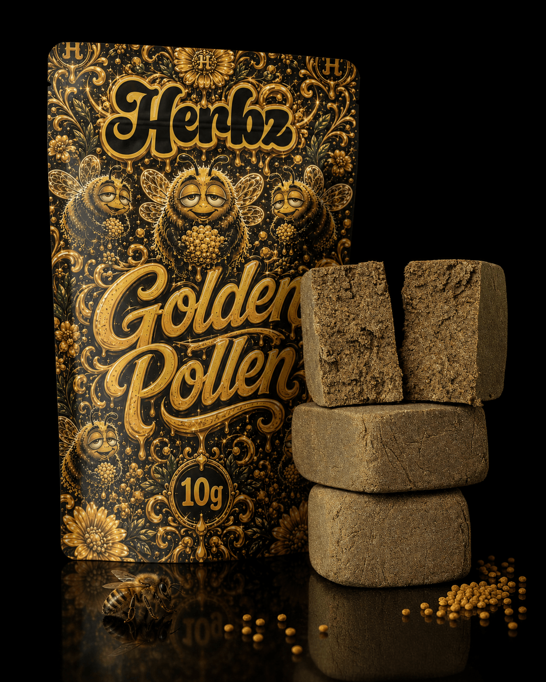 Golden Pollen dry sift-hasch framför svart och gyllene Herbz 10g-förpackning