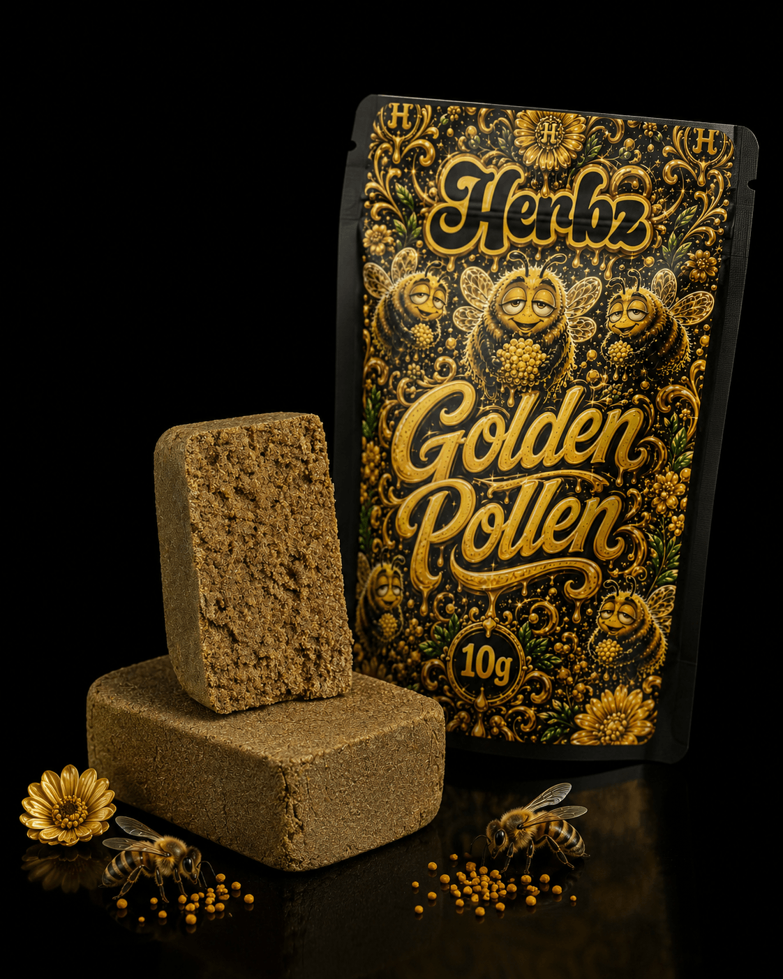 Herbz Golden Pollen 10g-förpackning med svart och gyllene design