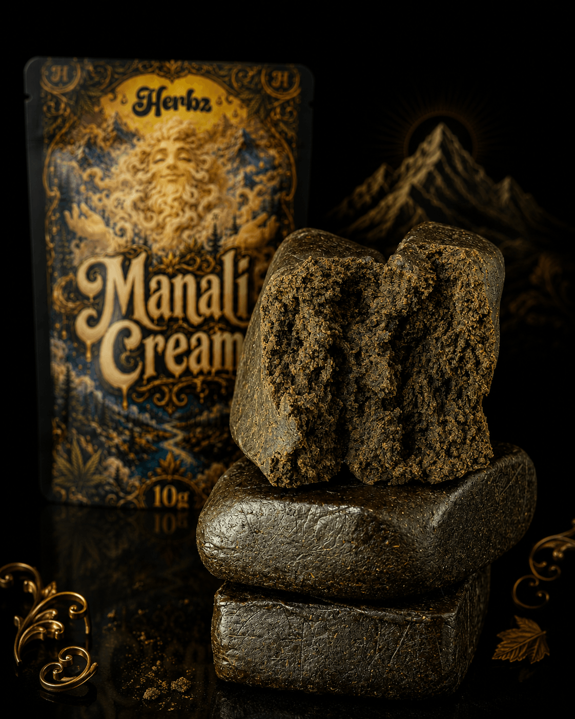Manali Cream static hash framför Herbz-förpackning på svart bakgrund