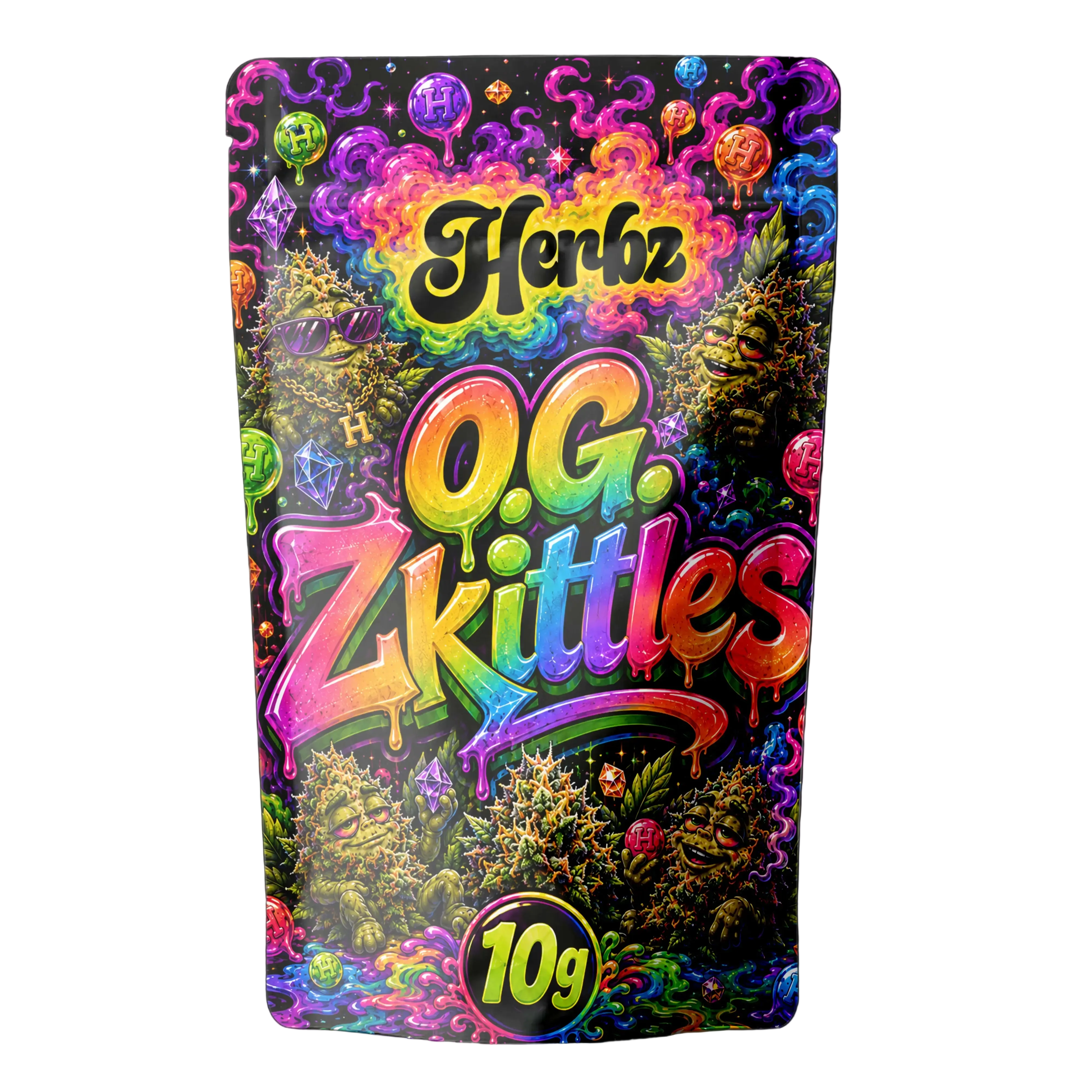O.G. Zkittles 24% THCA hybrid topskud med frostet trichomlag på sort baggrund