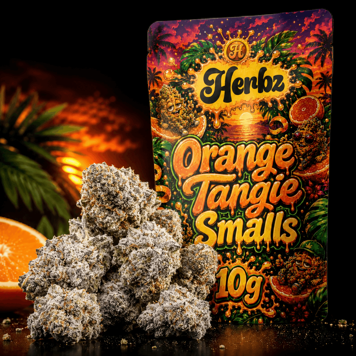 Herbz Orange Tangie Smalls packaging with an orange, tropical design