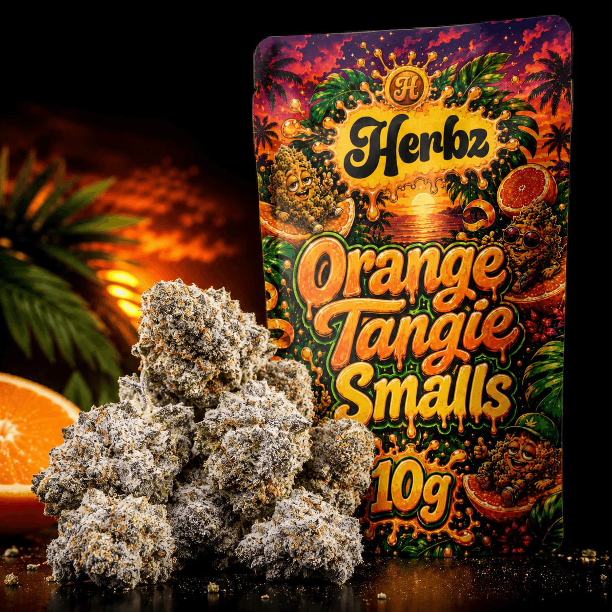 Envase de Herbz Orange Tangie Smalls con diseño naranja y tropical
