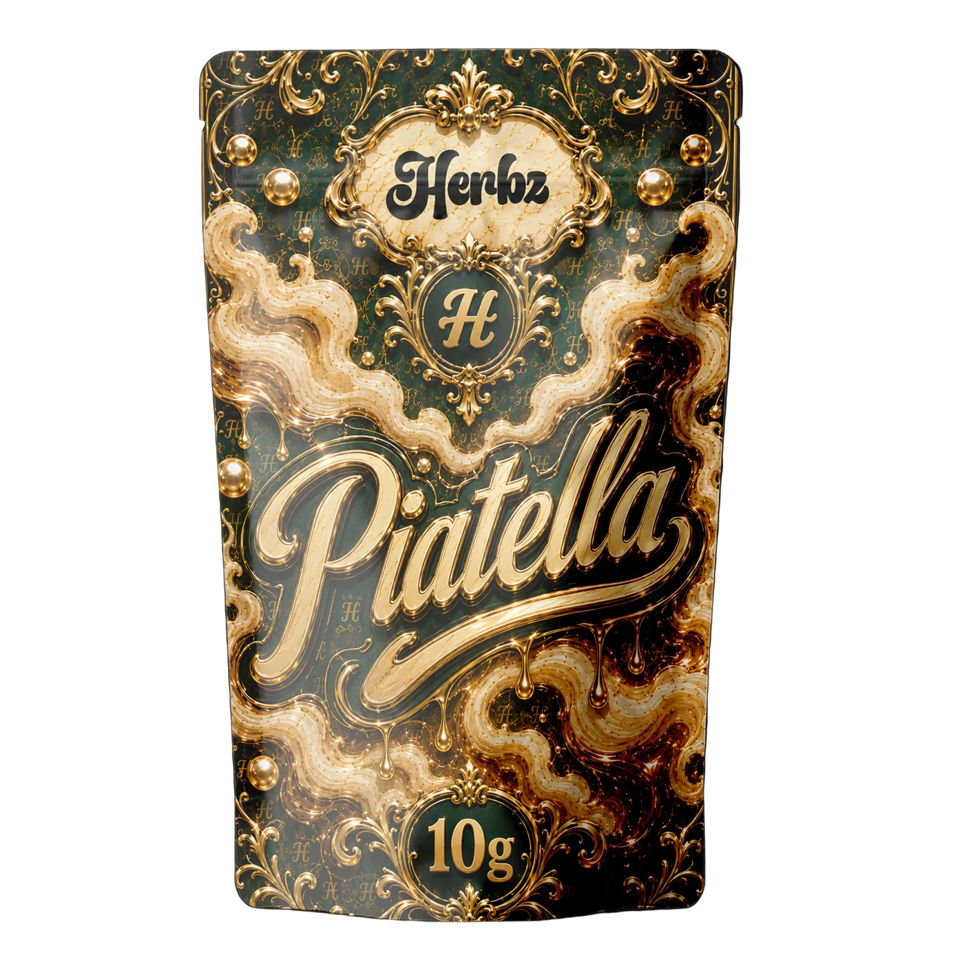Piatella 60% THCA ice water hash med lys gylden farve og Herbz emballage