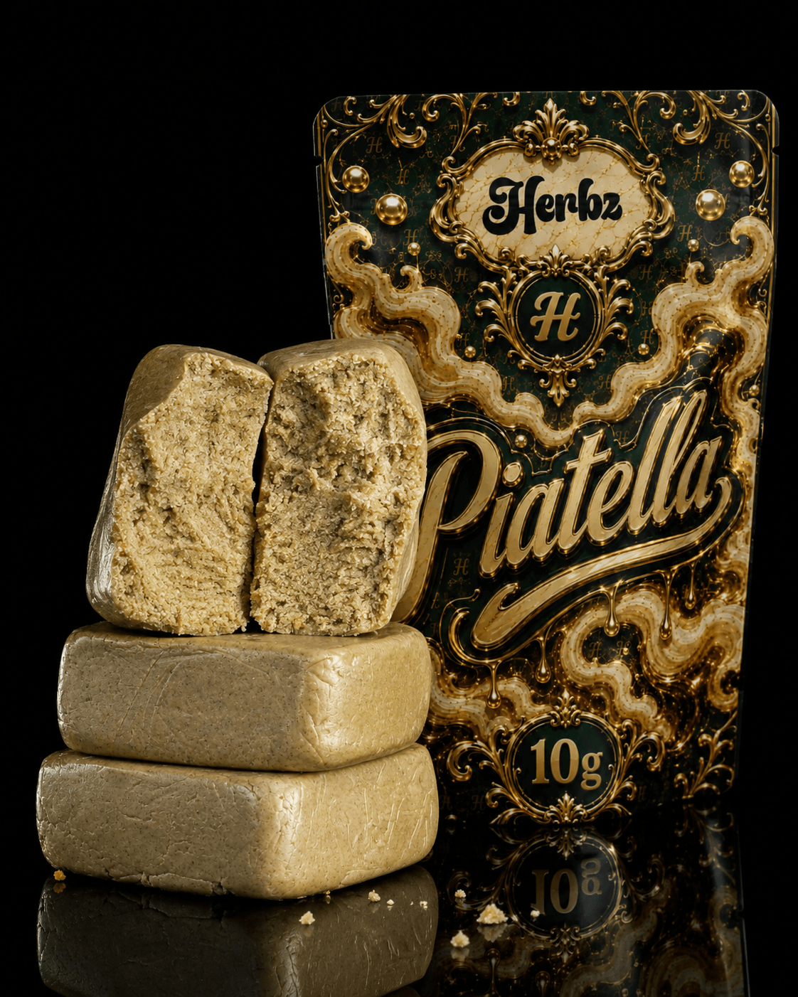 Piatella ice water hash před černo-zlatým balením Herbz 10g