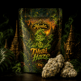 Nærbillede af Thai Haze 23% THCA med lysegrønne nuancer og orange pistiller