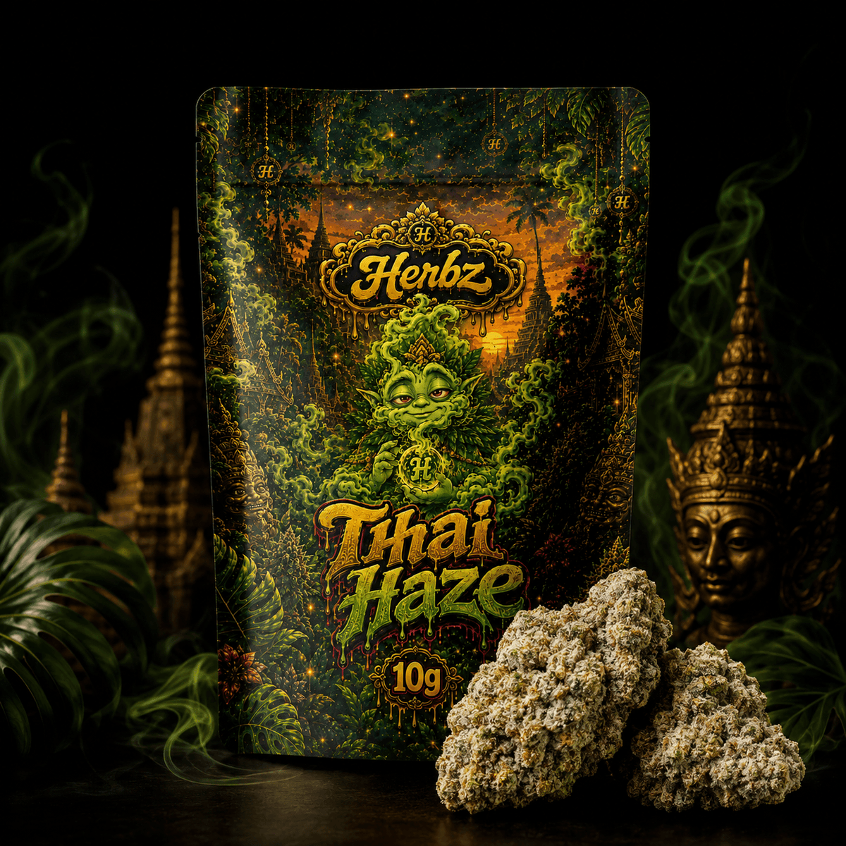 Detailní záběr Thai Haze 23% THCA se světle zelenými odstíny a oranžovými pestíky