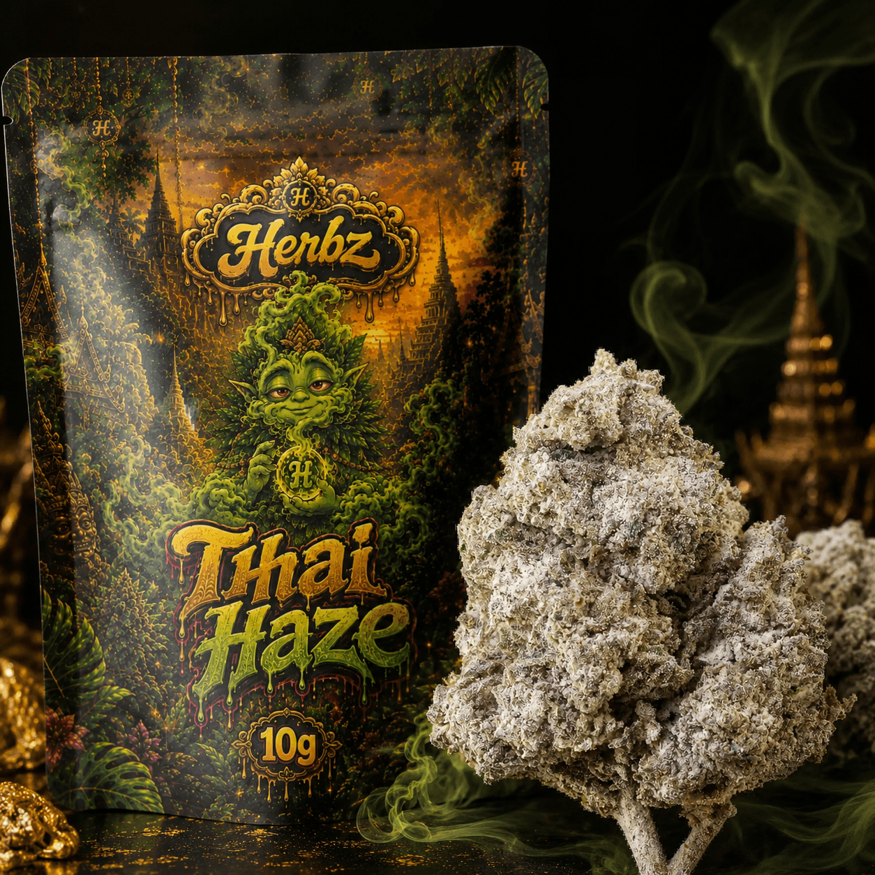 Herbz Thai Haze packaging with a colorful haze-inspired design