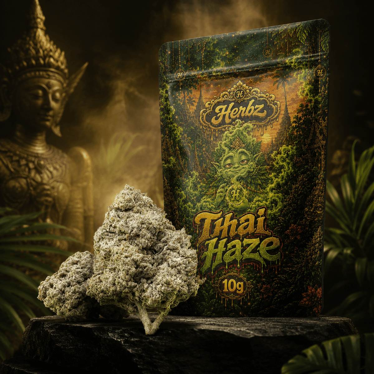 Thai Haze 23% THCA buds with a spicy, citrus-forward haze profile